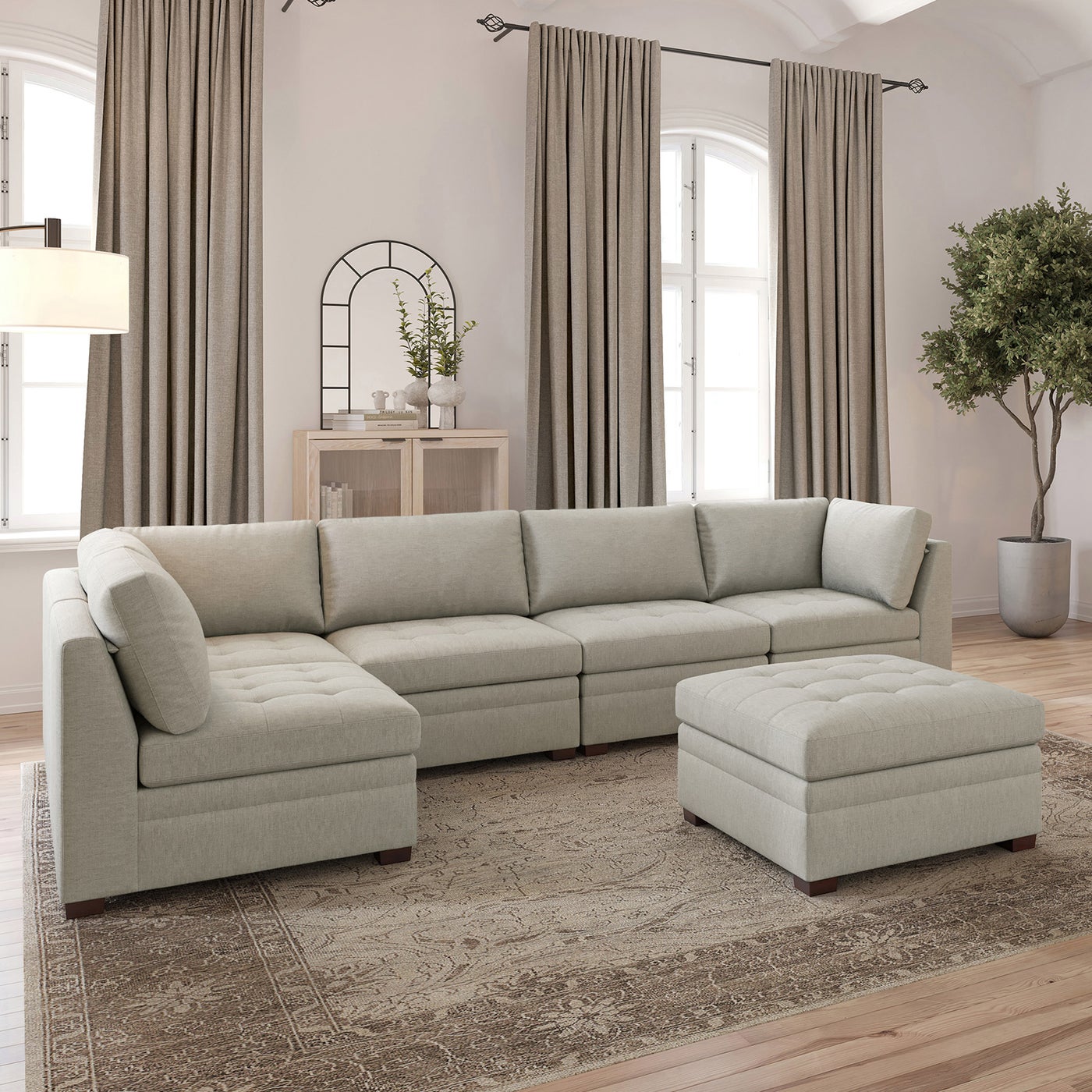 Thomasville Tisdale fab sect beige 6 pc sectional in beige polyester — Modular 6-piece (3 armless, 2 corner wedges, 1 storage ottoman), 6 seats — photo 1 of 29